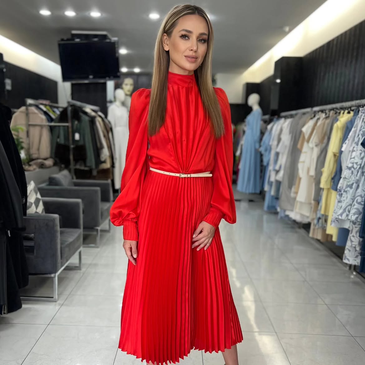 Vibrant Red Pleated Midi Dress Party Look