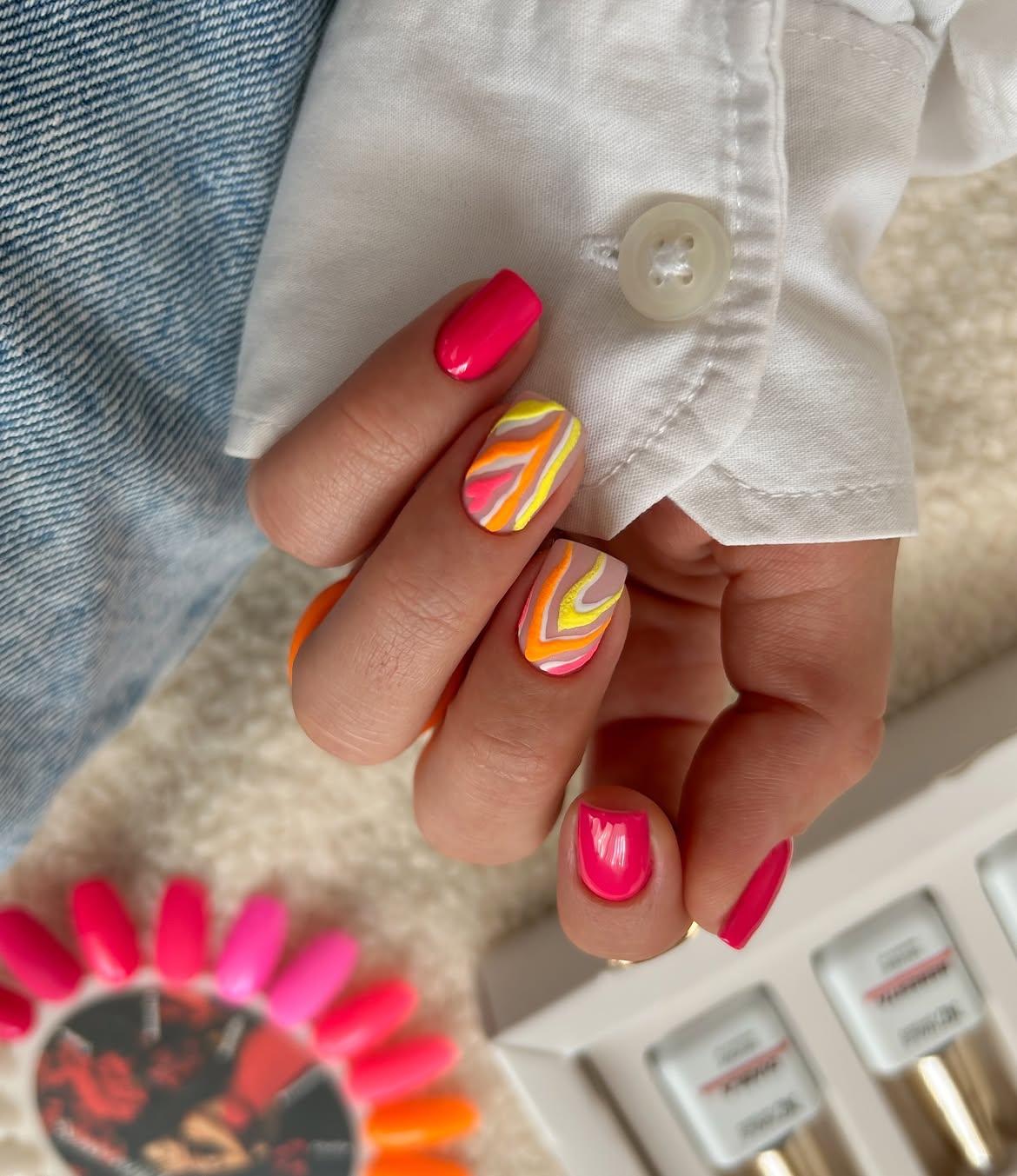 Vibrant Swirls and Hot Pink Short Square Nails