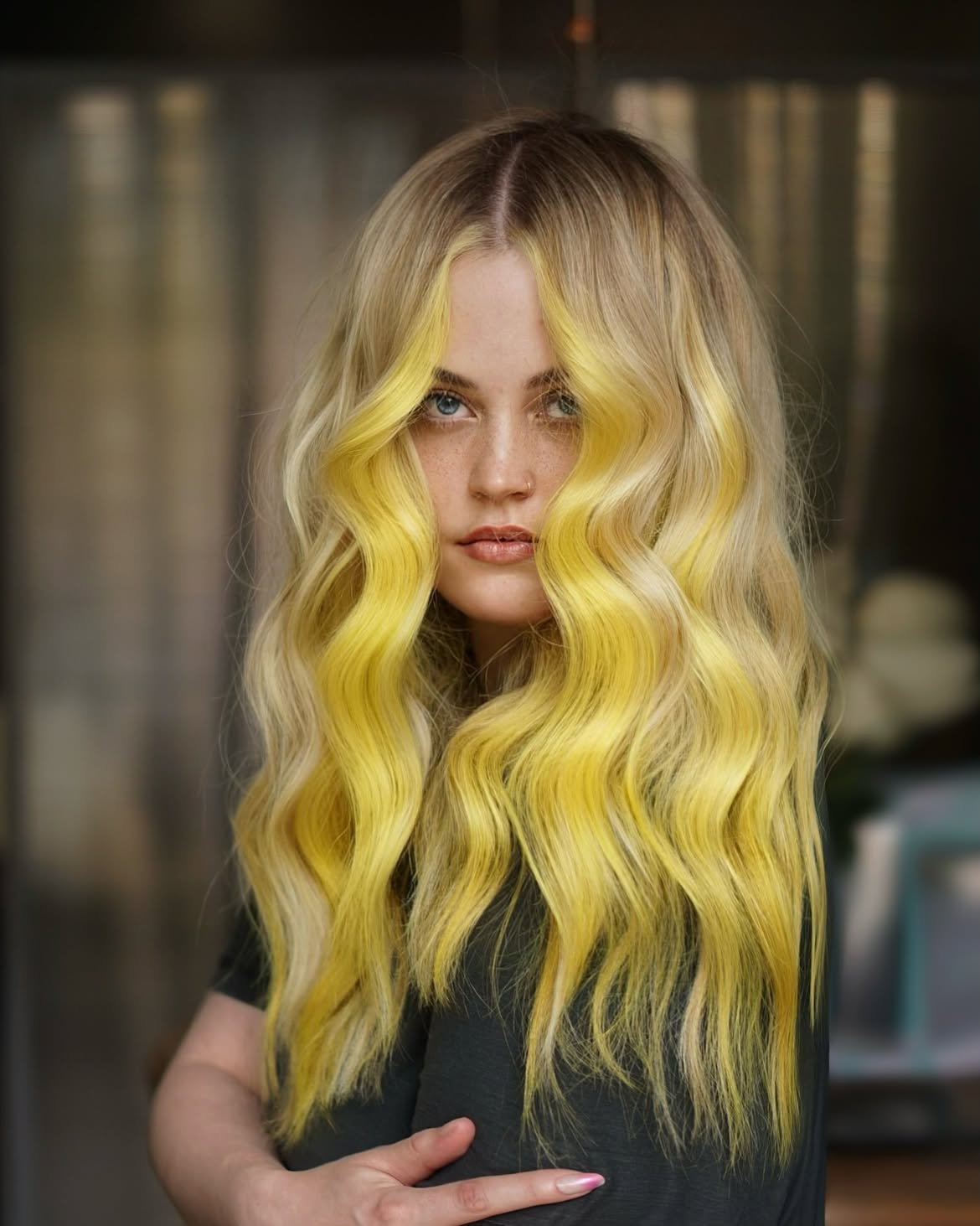 Vibrant Yellow Money Piece On Wavy Long Hair