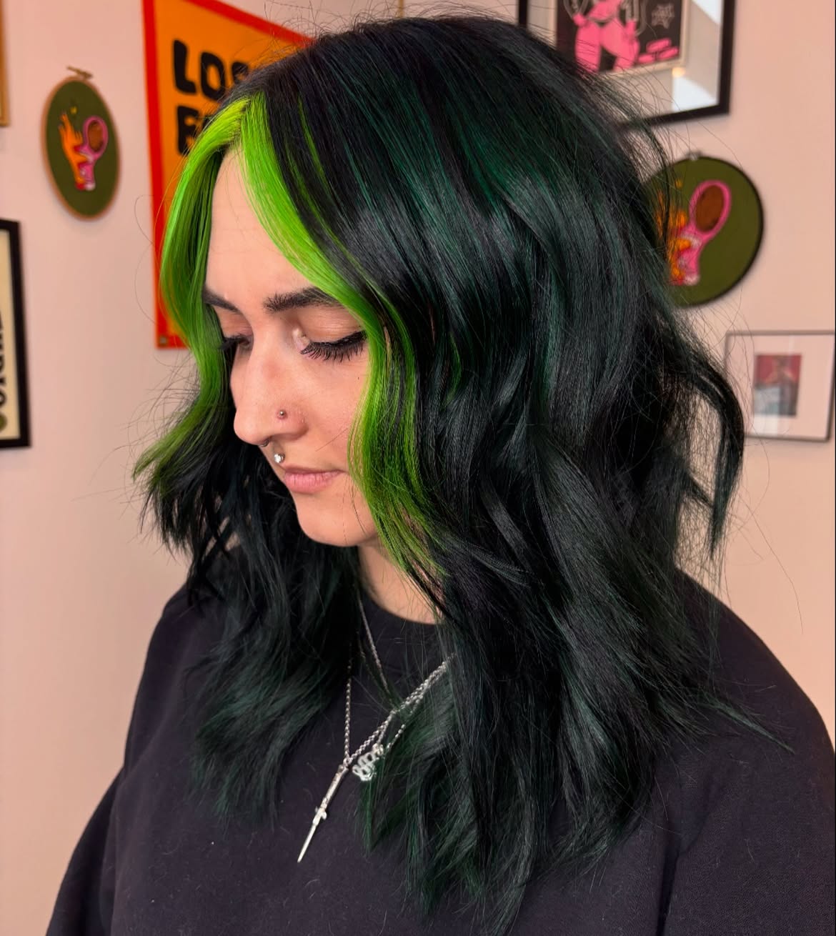 Vivid Neon Money Piece With Emerald Green