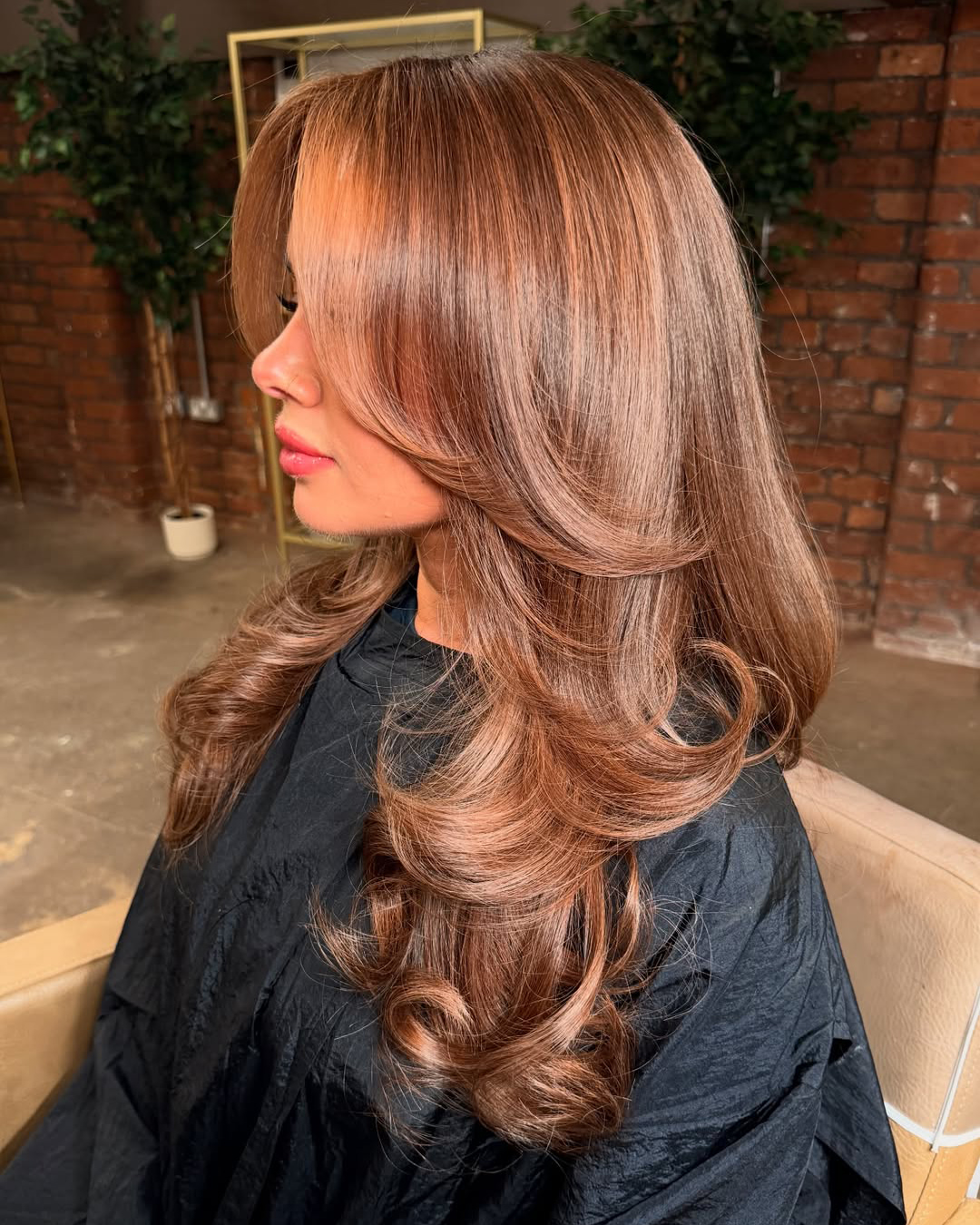 Volume Rich Copper Brown Layers With Curtain Bangs