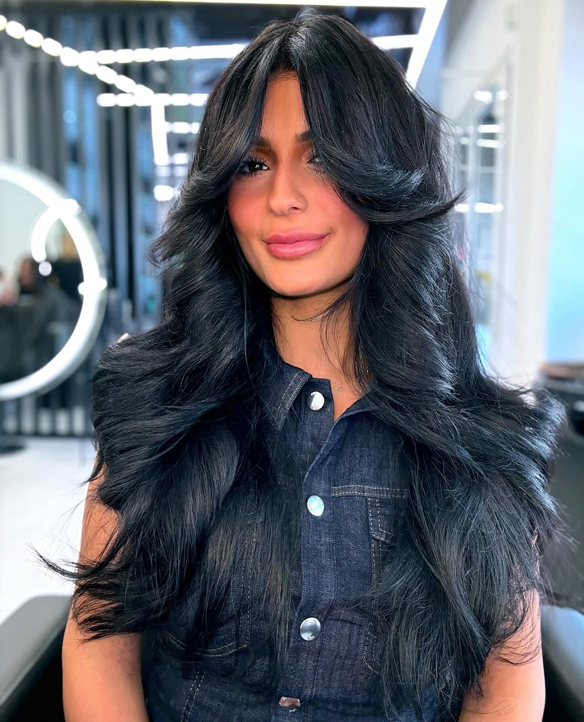 Voluminous Black Curtain Bangs With Long Layers