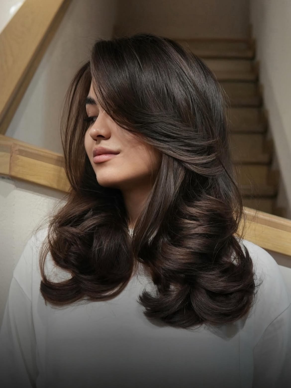 Voluminous Brunette Layers With Face-Framing Bangs