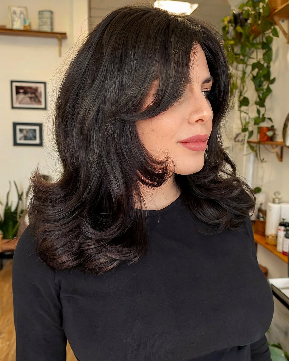 Voluminous Brunette Layers With Soft Curtain Bangs