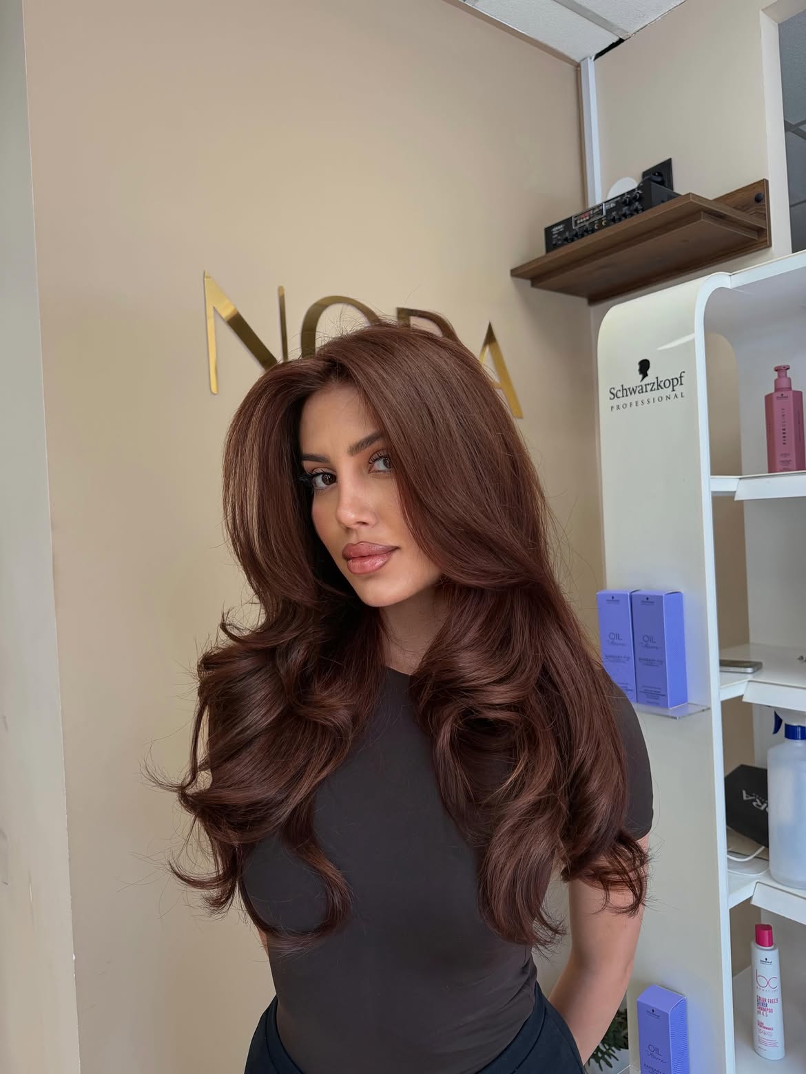 Voluminous Copper Brown Layers With Soft Curtain Bangs