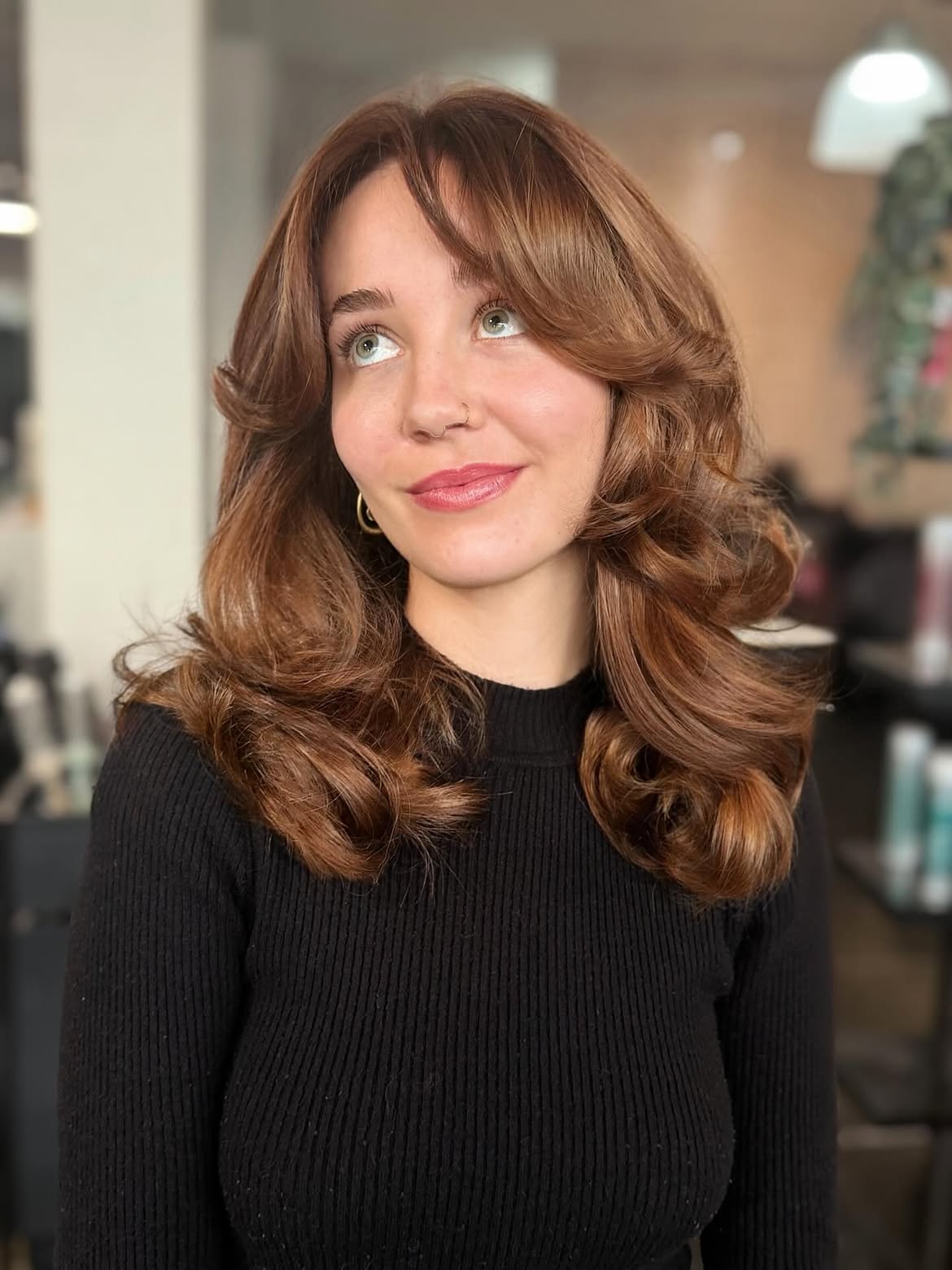 Voluminous Copper Layers With Curtain Bangs