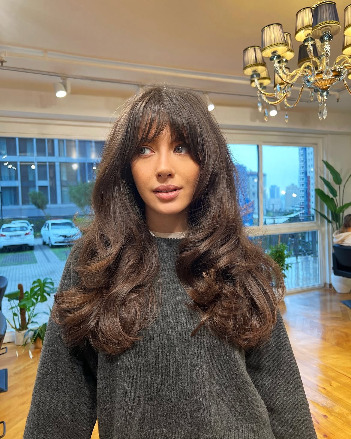 Voluminous Curtain Bangs On Dark Brunette Waves