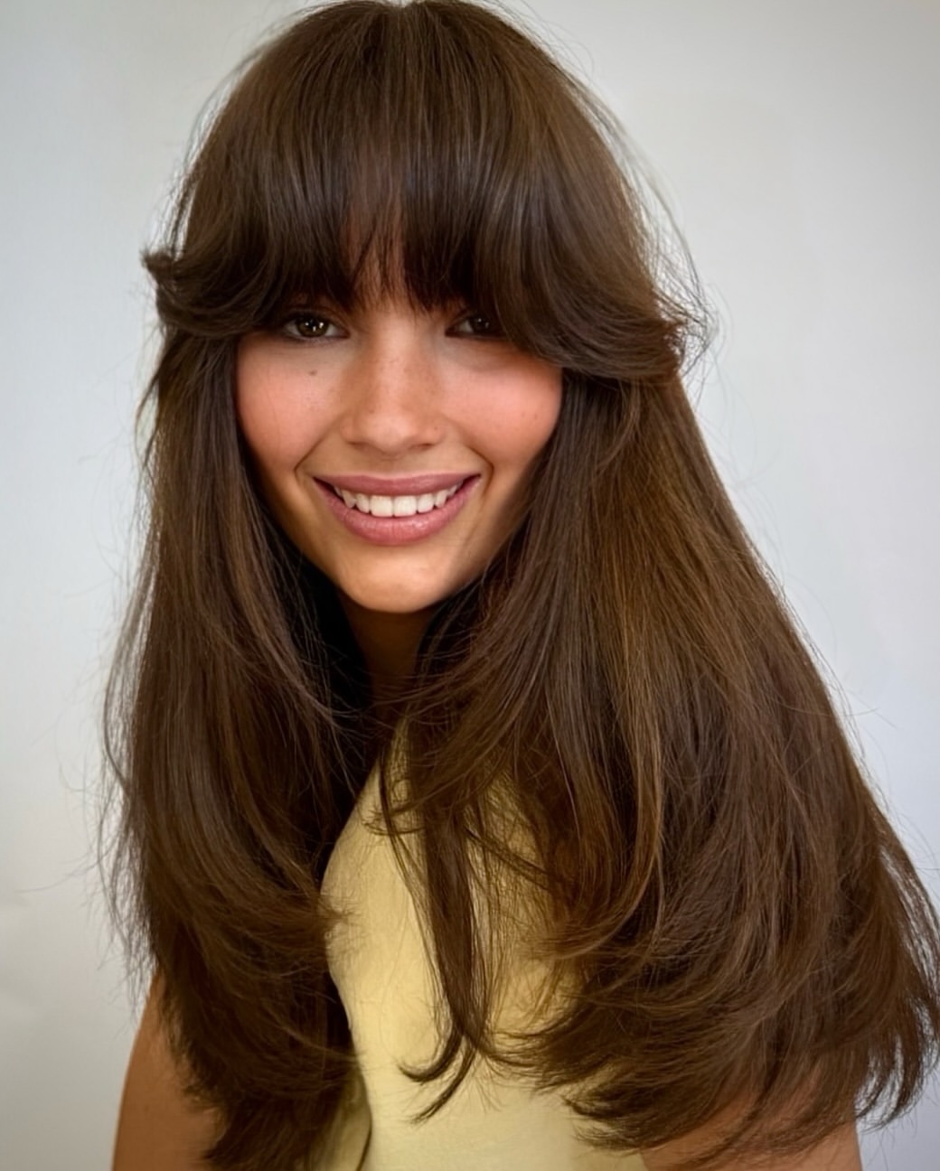 Voluminous Curtain Bangs With Long Layered Waves
