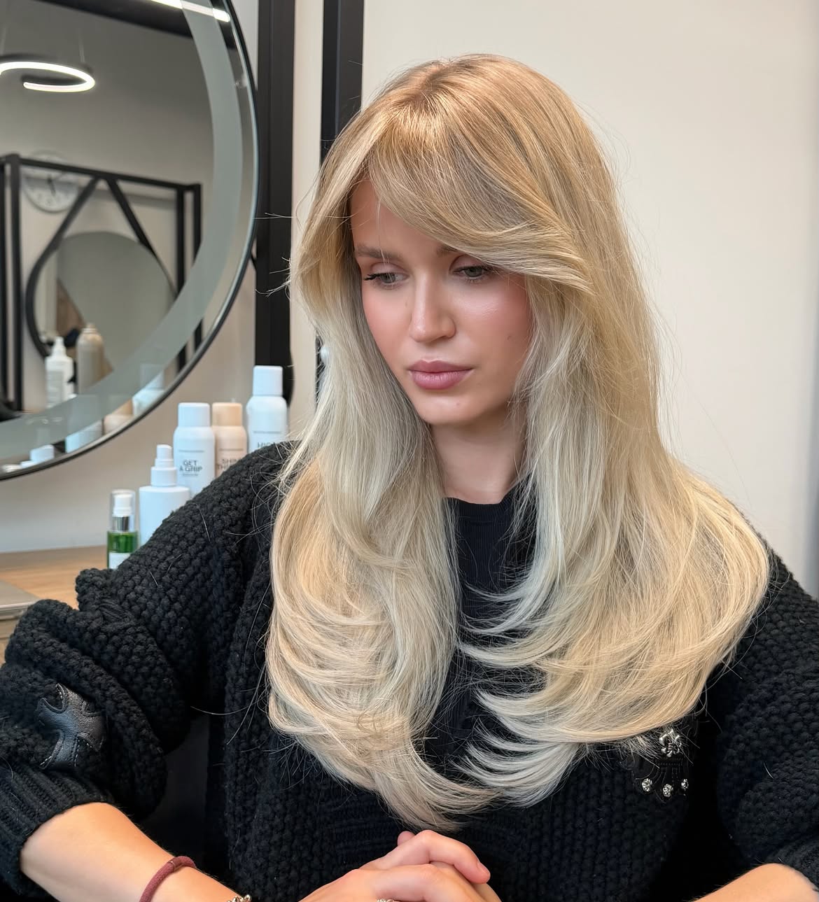 Voluminous Honey Blonde Layers With Curtain Bangs
