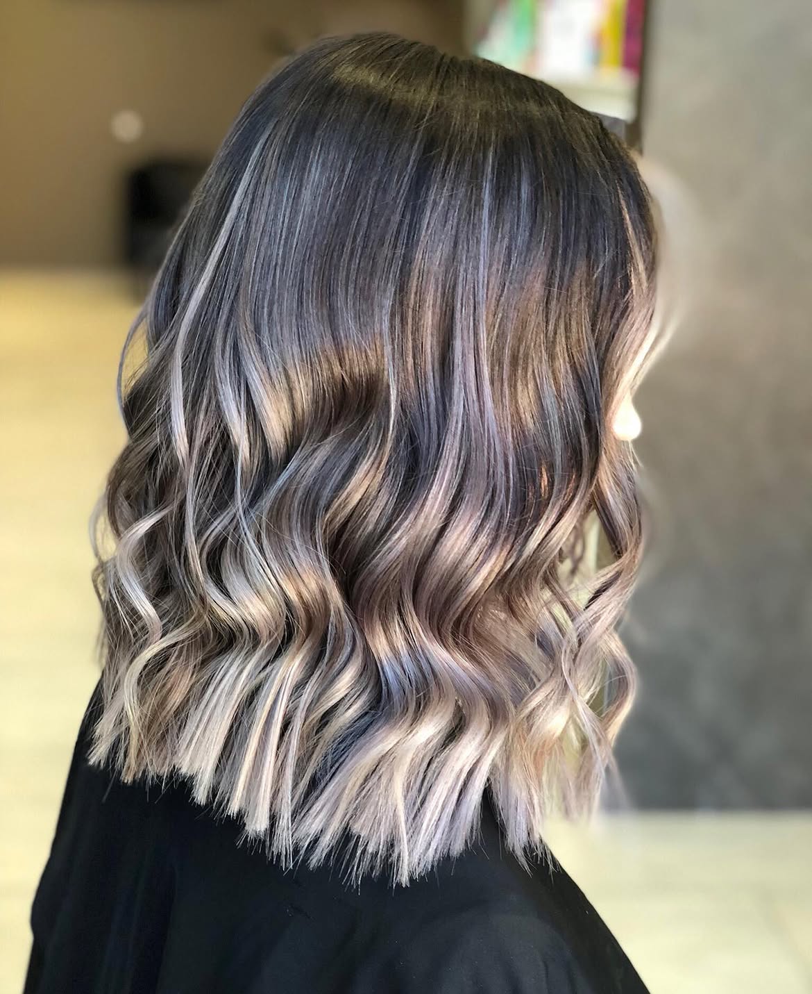 Wavy Ash Blonde Balayage On Blunt Lob