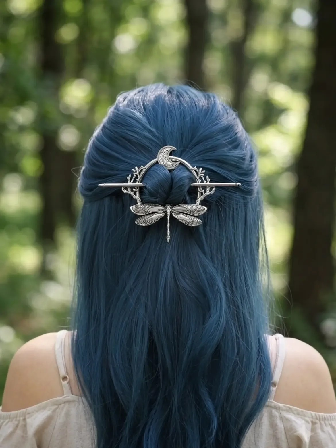 Whimsical Celestial Hair Pin On Midnight Blue Tresses