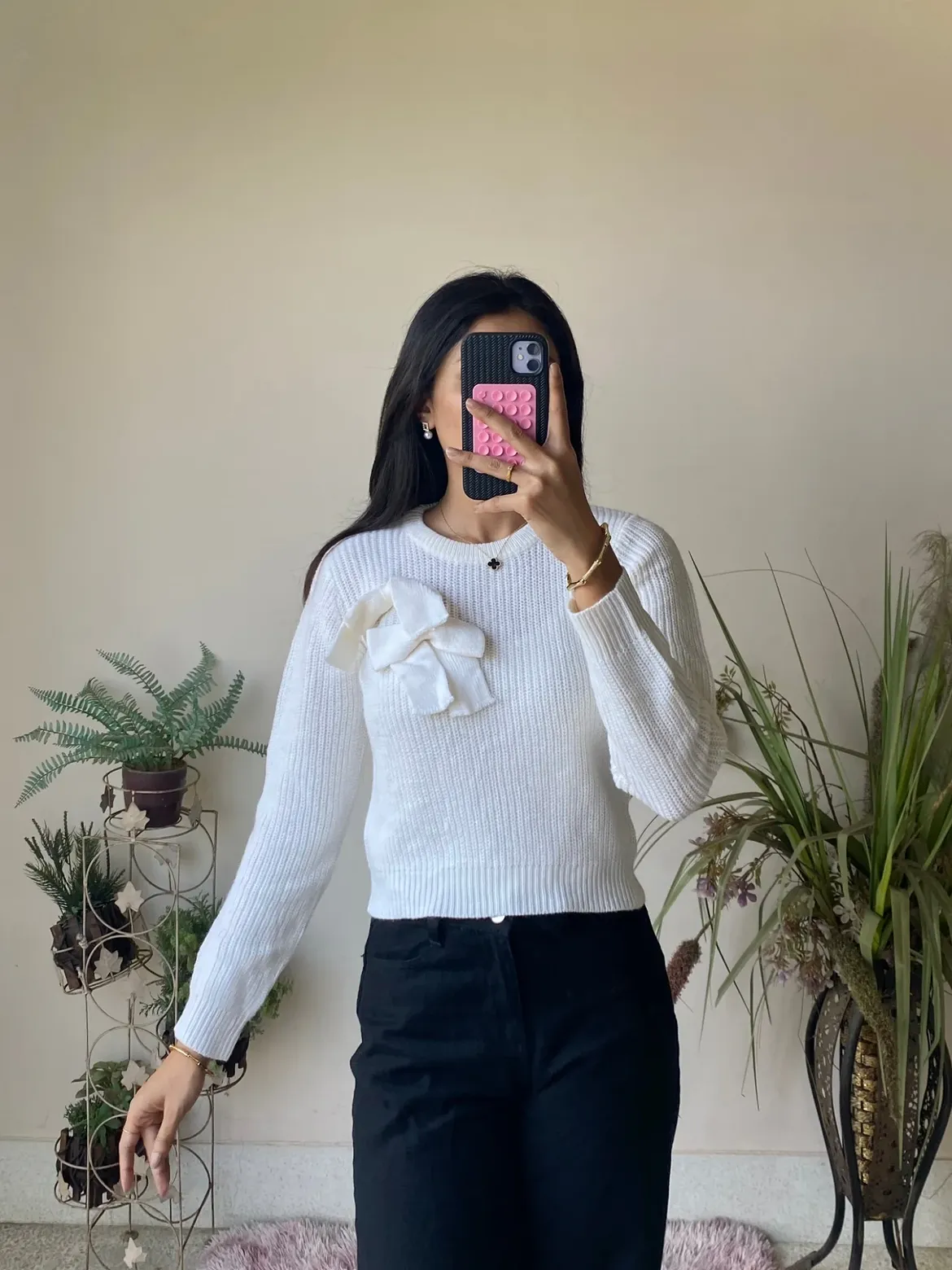 White Bow Accent Knit Sweater And Black Pants