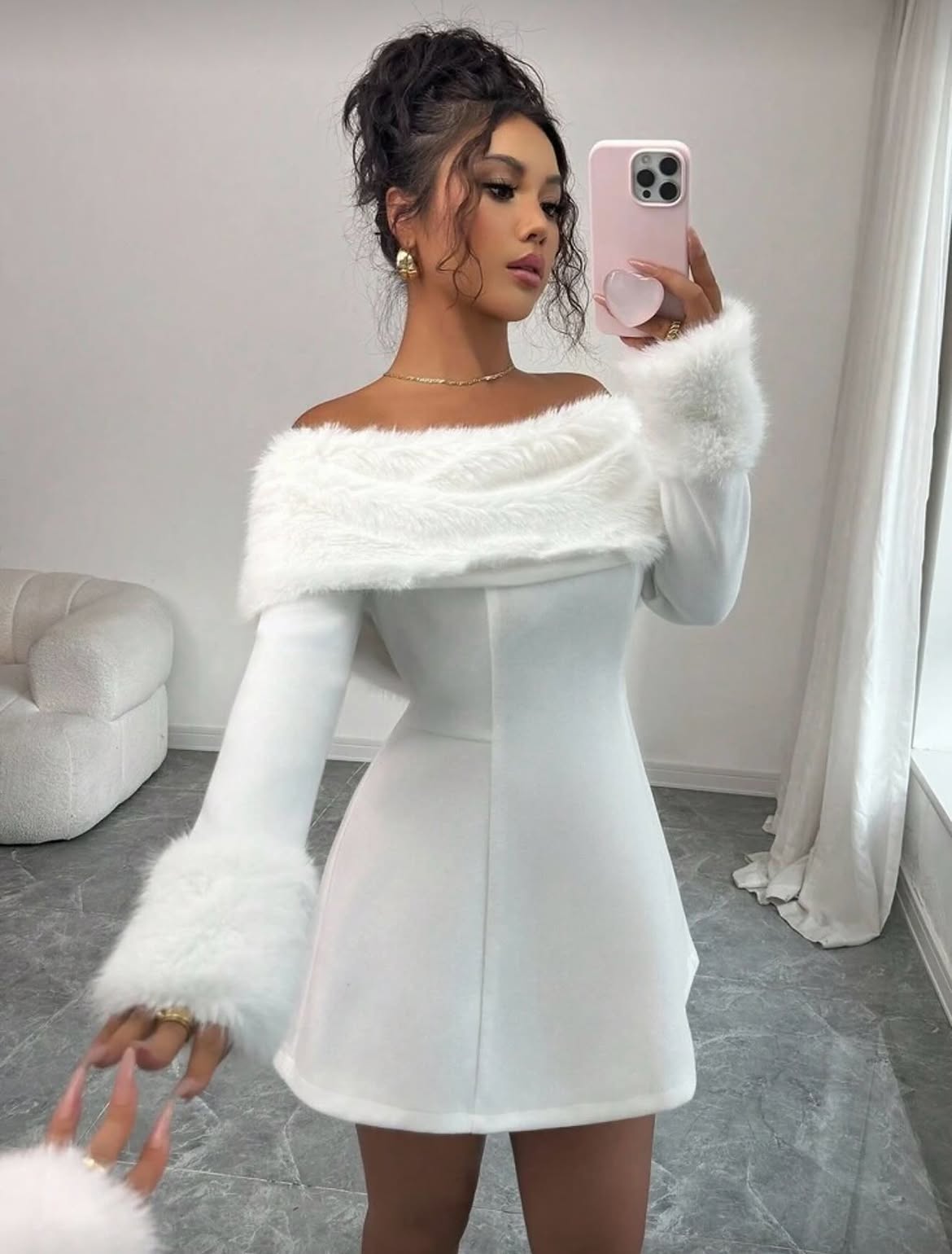 White Faux Fur Off Shoulder Winter Party Mini Dress