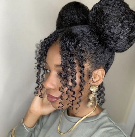 Mid-Back Black Hair Styled in Double Buns Mid-Back Black Hair Styled in Double Buns — 3c Hairstyles