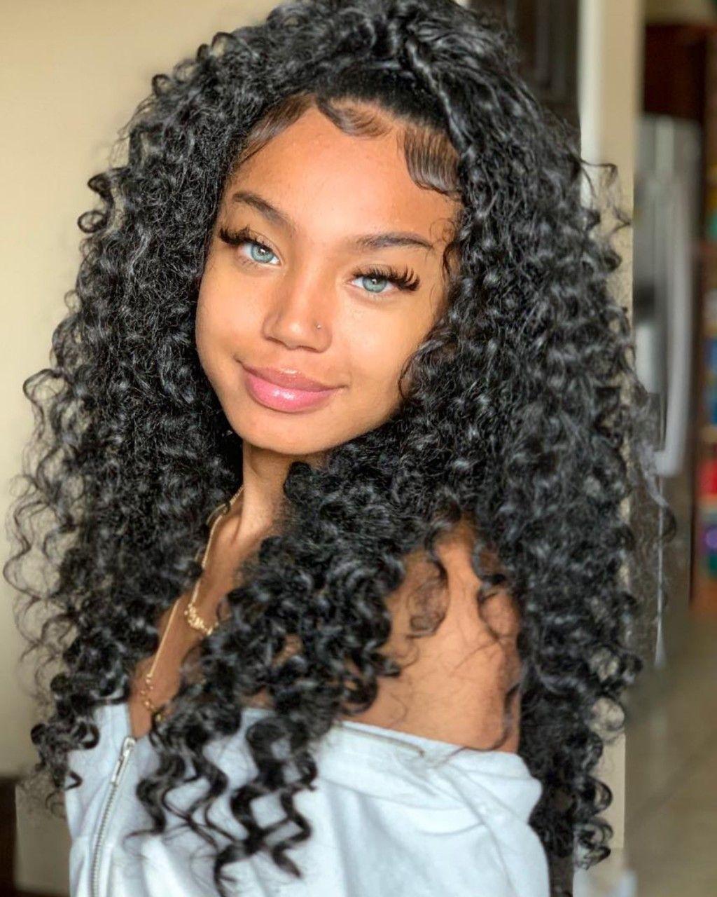 Mid-Back Black Curls With Curtain Bangs Mid-Back Black Curls With Curtain Bangs — 3c Hairstyles