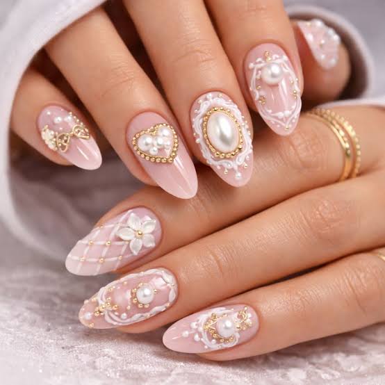 Soft Pink Almond Nails With White and Gold 3D Filigree — 3D Nails