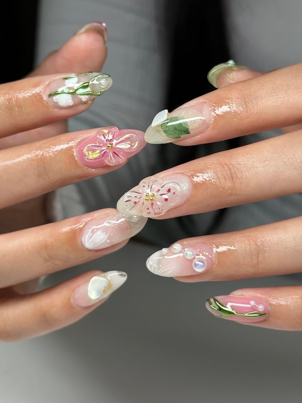 Stiletto and Almond Nails With 3D Floral and Leaf Art — 3D Nails