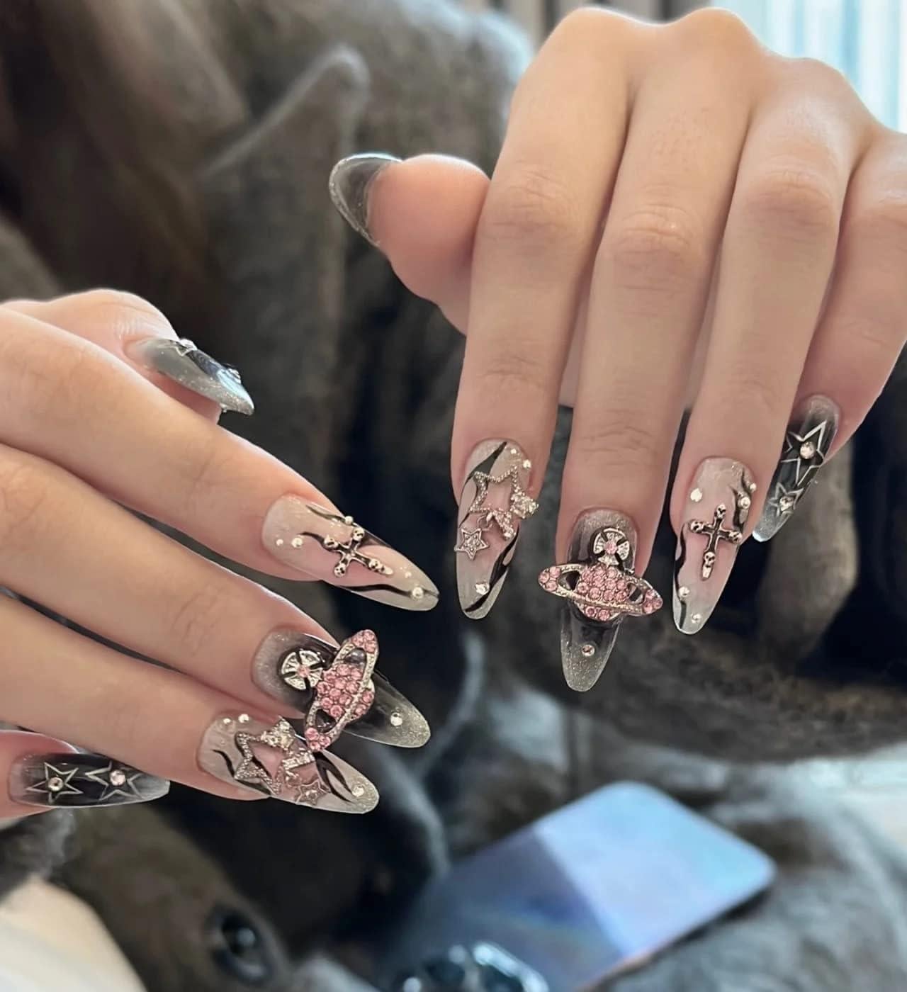 Long Stiletto Nails With 3D Charms and Abstract Art — 3D Nails