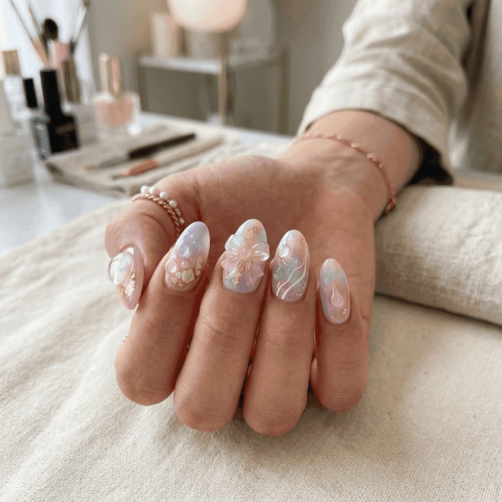 Milky Blue Almond Nails With 3D Pearl and Shell Accents — 3D Nails