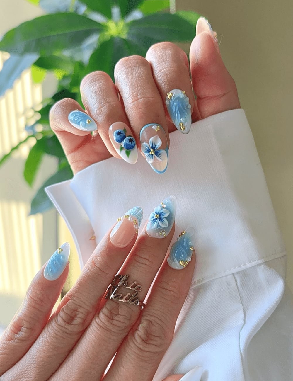 Oval Nails With Blue Waves and 3D Flowers — 3D Nails