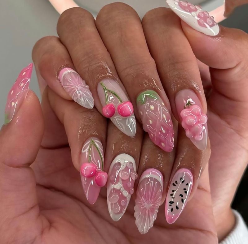 Long Almond Nails With 3D Fruit and Abstract Designs — 3D Nails