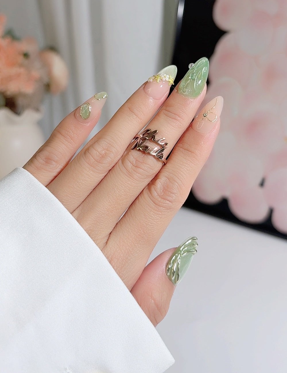 Mint and Green Almond Nails With 3D Leaves — 3D Nails