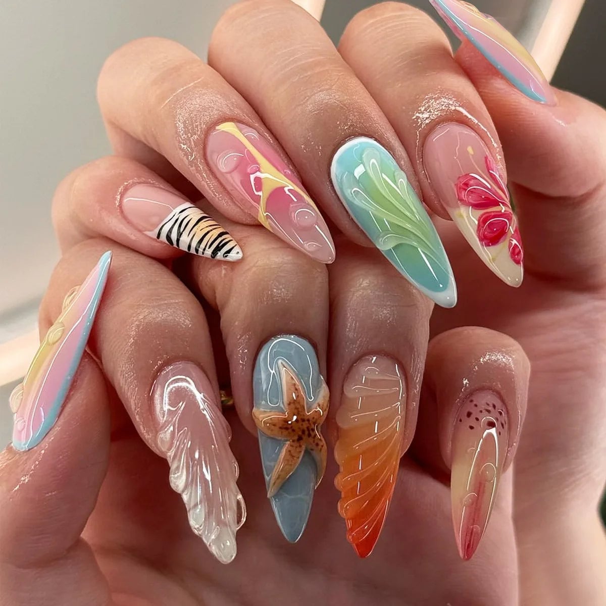Long Stiletto Nails With 3D Sculpted Water and Starfish — 3D Nails