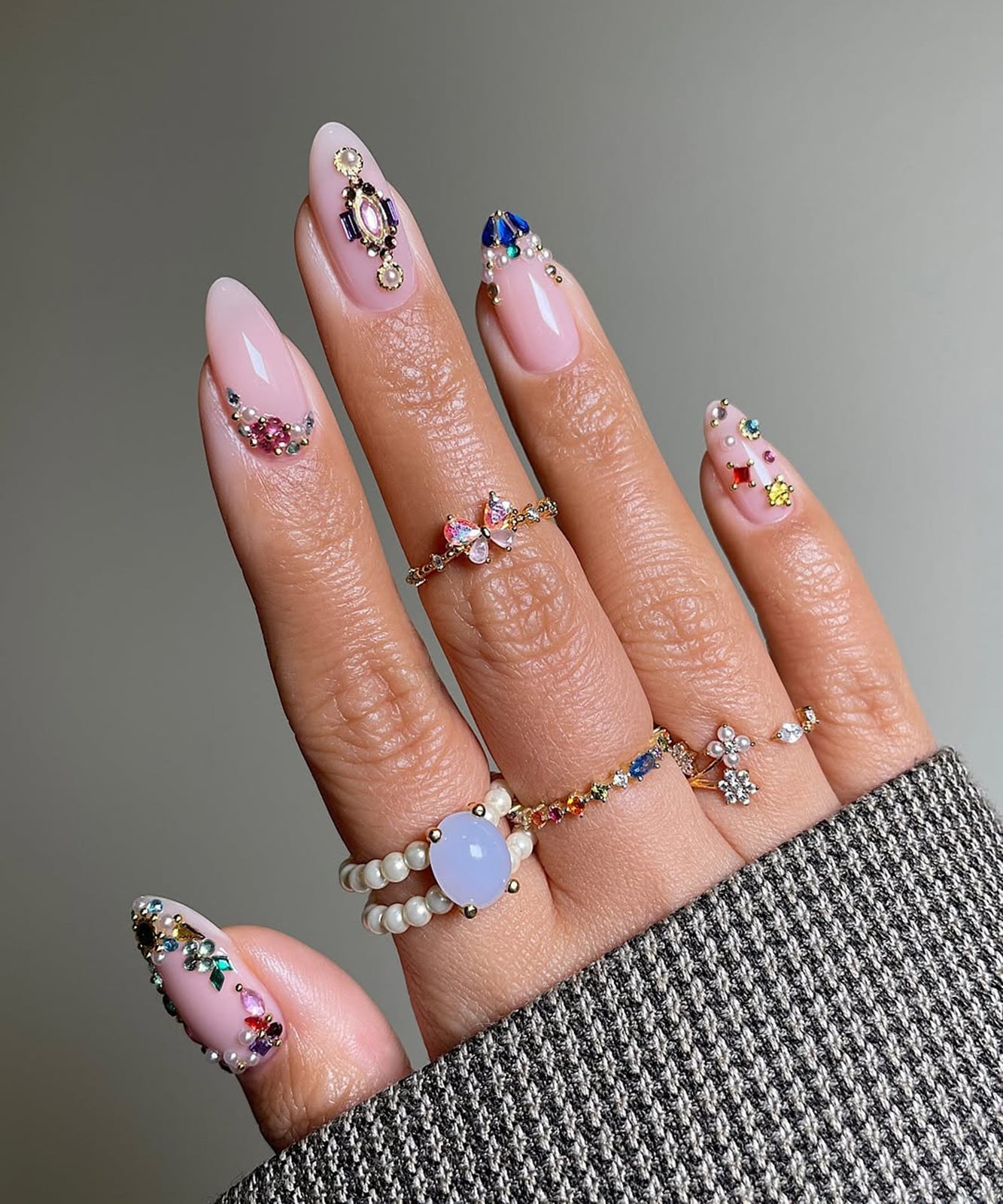 Pink Almond Nails With Abundant 3D Floral Embellishments — 3D Nails