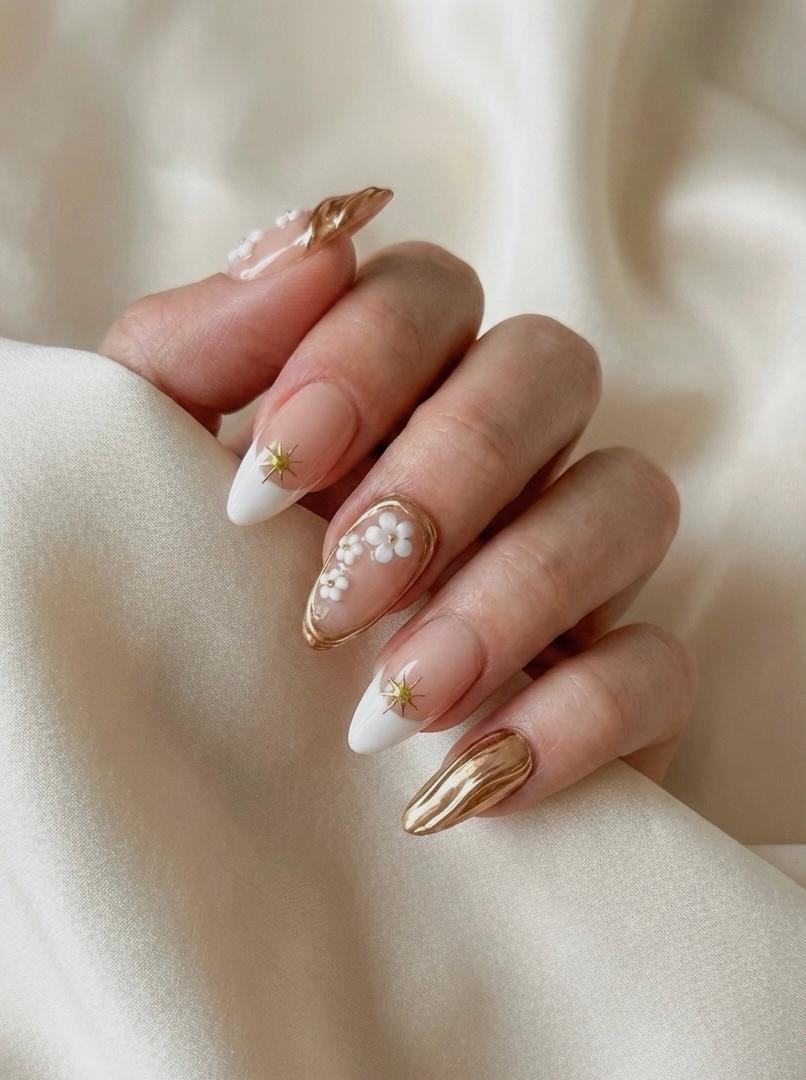 Almond French Nails With 3D White Flowers and Chrome — 3D Nails