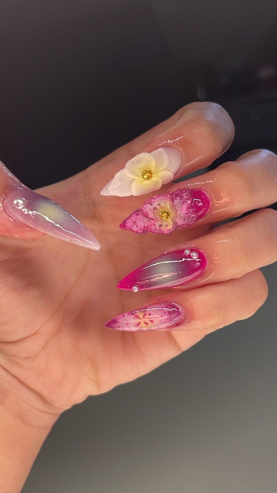 Stiletto Nails With 3D Pink and White Floral Designs — 3D Nails