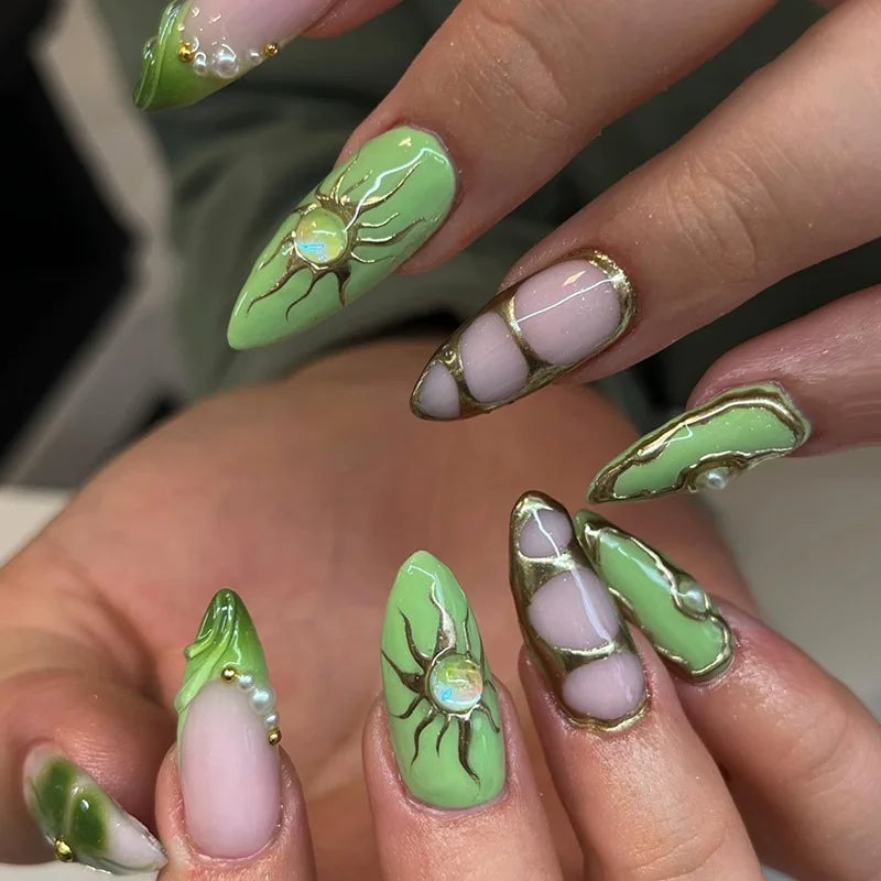 Neon Green Almond Nails With 3D Sunbursts and Pearls — 3D Nails