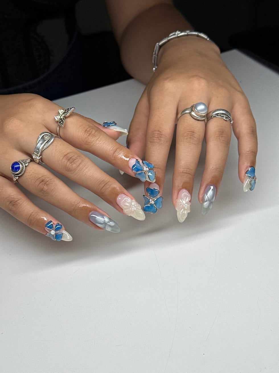 Blue and White Almond Nails With 3D Butterflies — 3D Nails