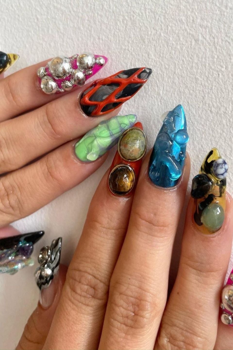 Avant-Garde Sculpted Nails With Metallic and Gem Accents — 3D Nails