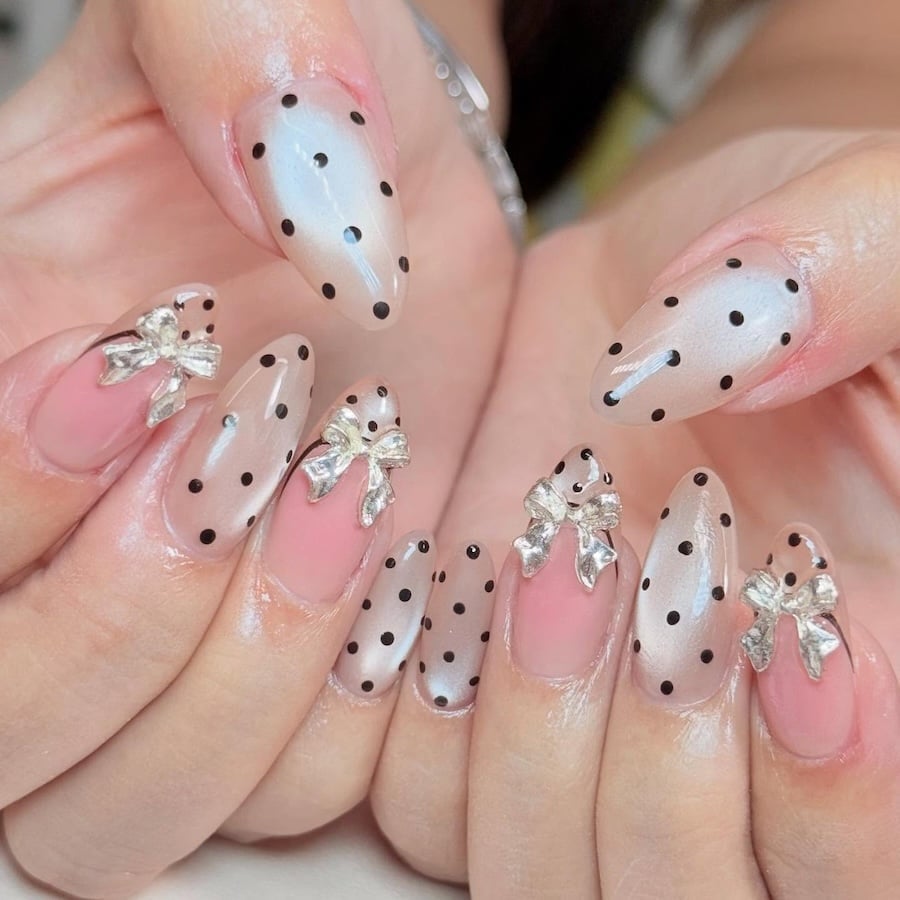 Long Oval Nails With Polka Dots and 3D Silver Bows — 3D Nails