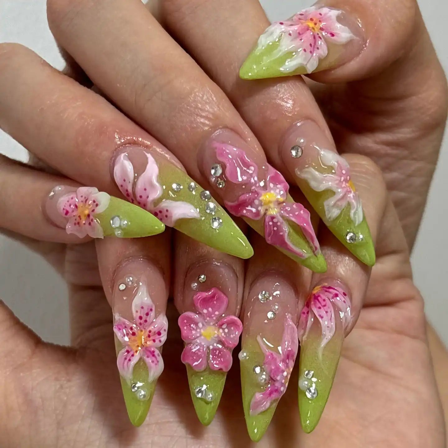 Lime Green Stiletto Nails With 3D Pink Flowers — 3D Nails