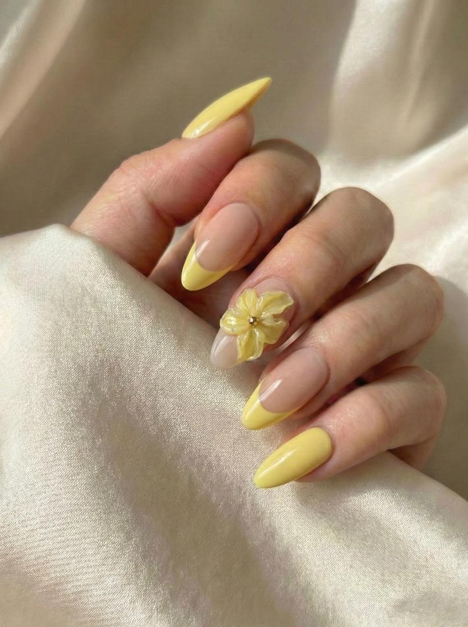 Nude French Almond Nails With Single 3D Yellow Flower — 3D Nails
