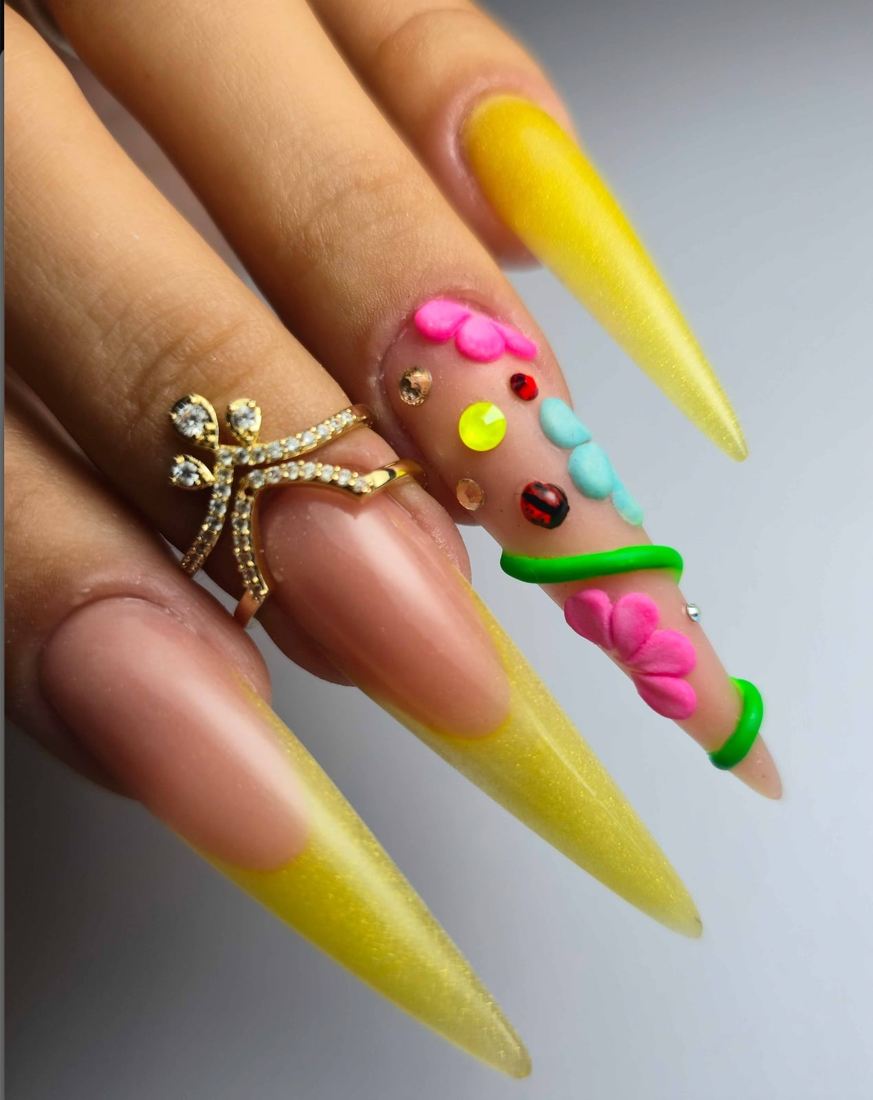 Vibrant Yellow Stiletto Nails With 3D Floral Explosion — 3D Nails