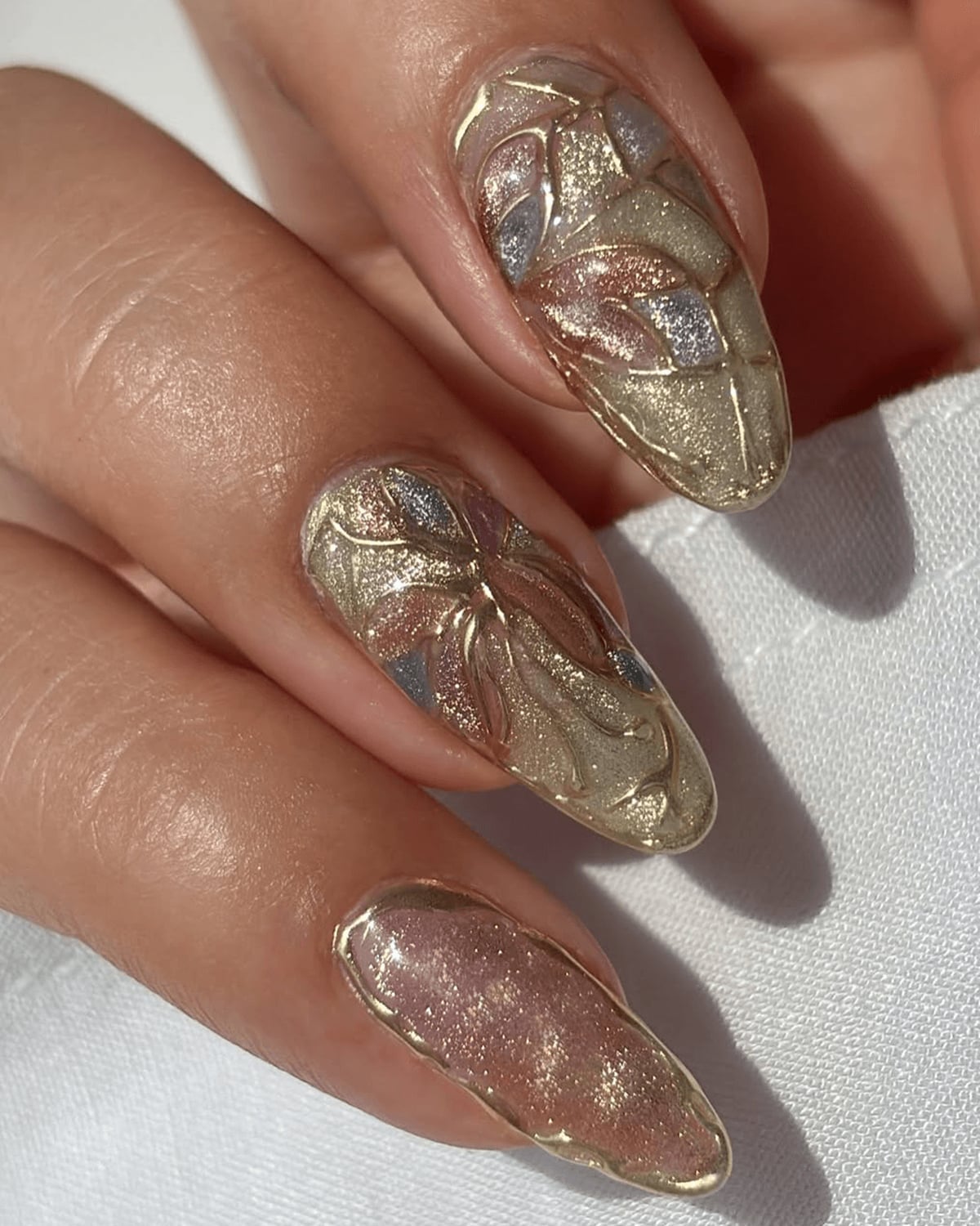 Metallic Gold and Rose Gold Almond Nails With 3D Petal Relief — 3D Nails