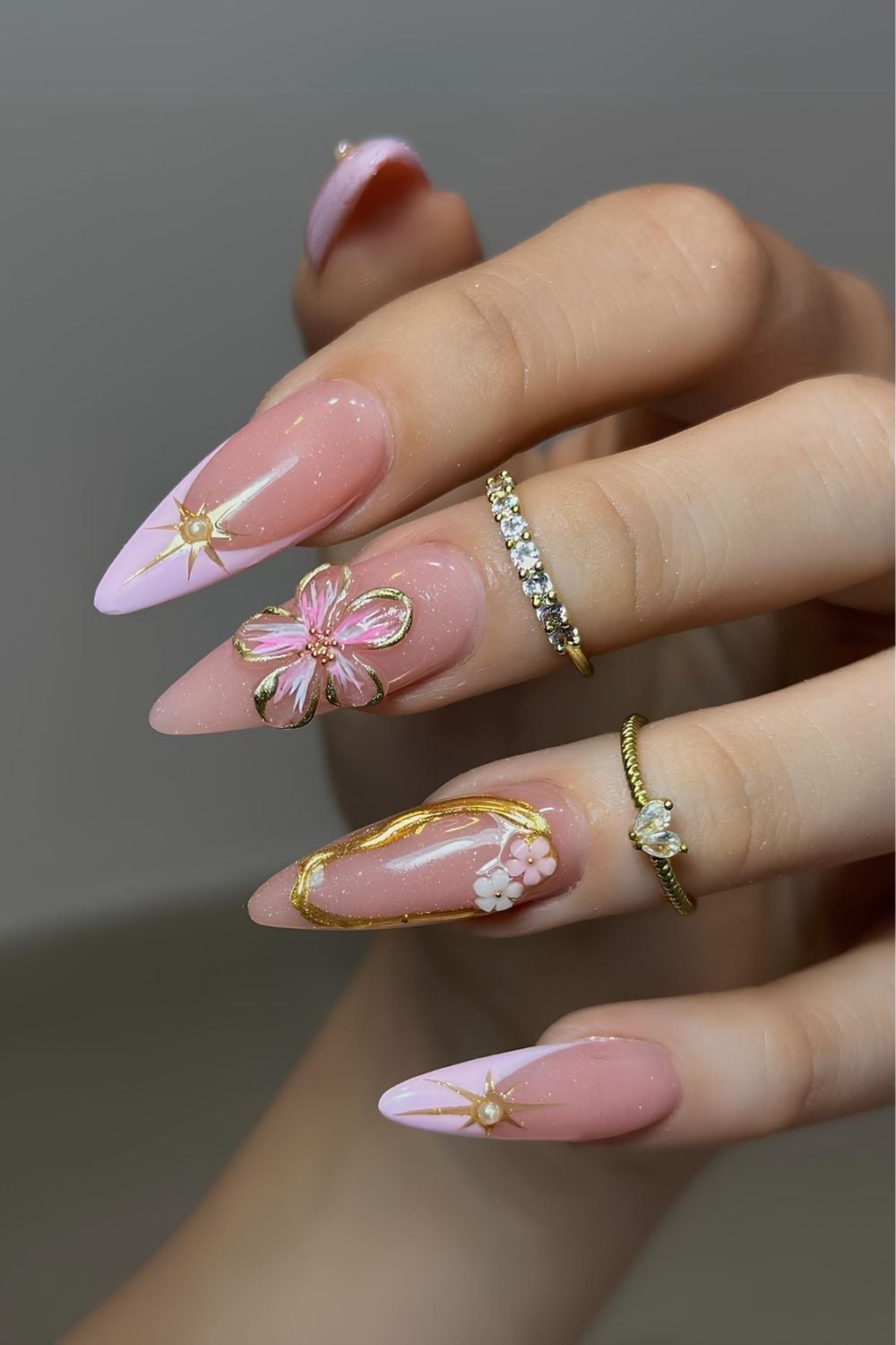Soft Pink French Almond Nails With 3D Gold Flower Accent — 3D Nails