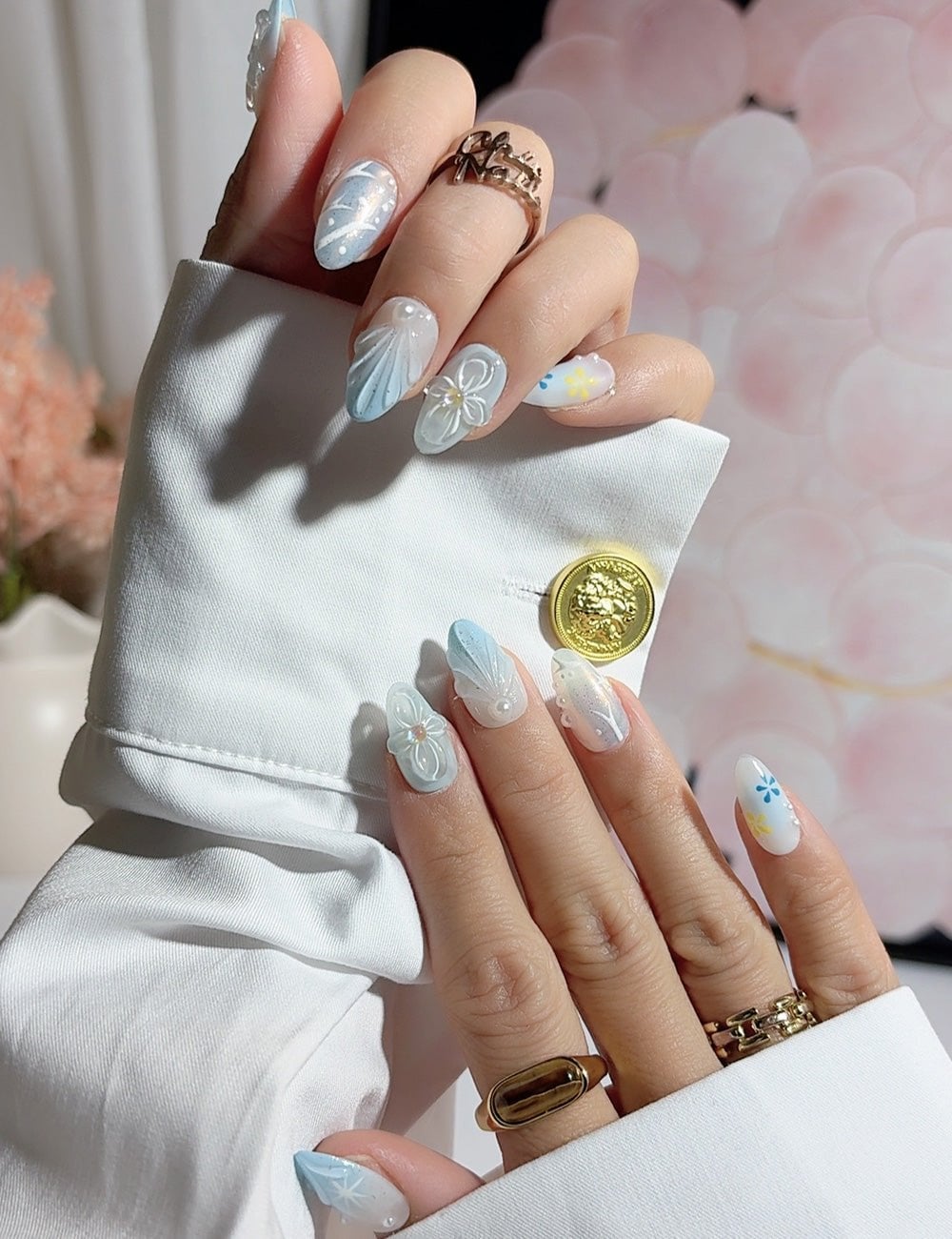 Blue and White Almond Nails With 3D Translucent Petals — 3D Nails