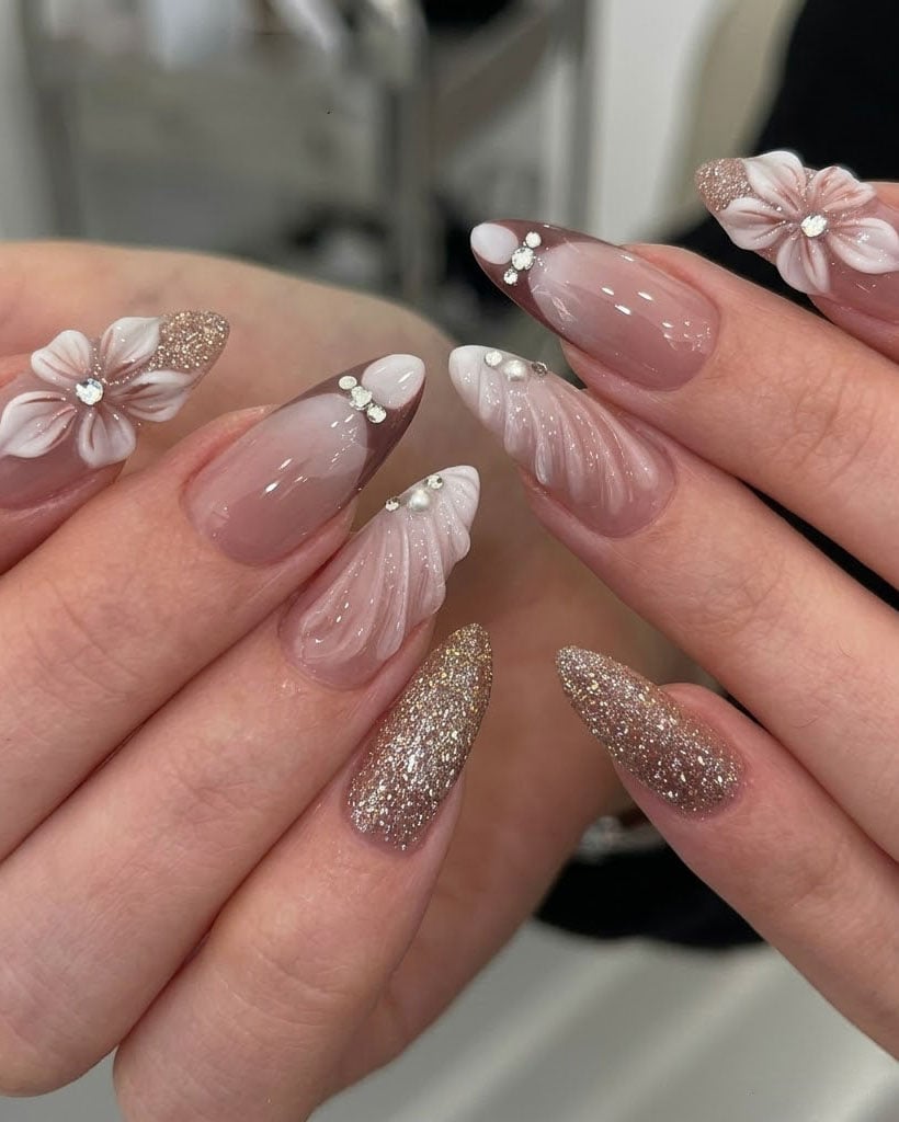 Sheer Nude Almond Nails With Delicate 3D White Flowers — 3D Nails