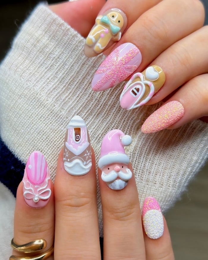 Festive Medium Almond Nails With 3D Holiday Characters — 3D Nails