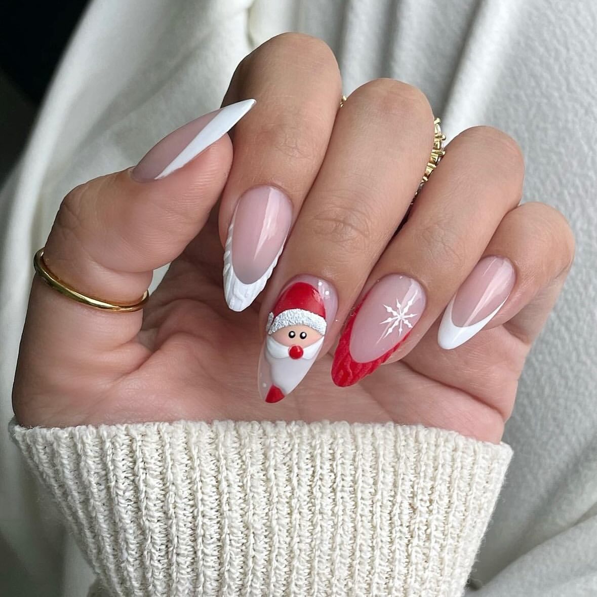 3D Santa and Snowflake French Christmas Nails