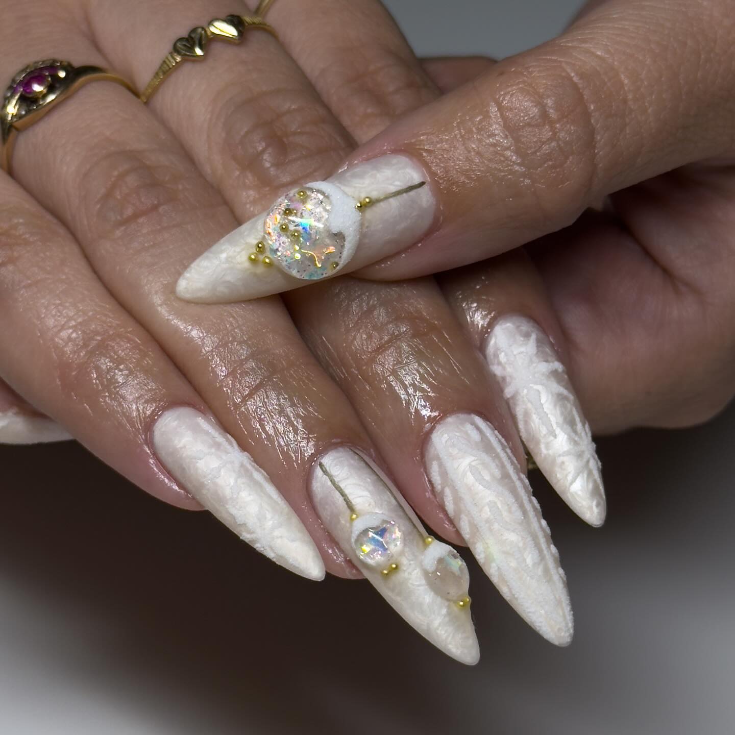 3D Textured White Winter Wonderland Stiletto Nails