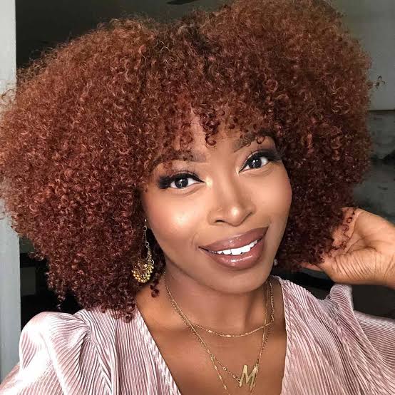 Shoulder Length Auburn Afro With Curly Bangs — 4b Hairstyles