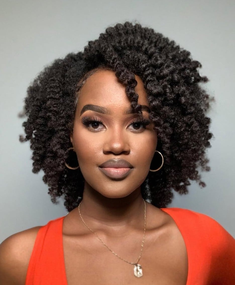 The Defined Coil Mid-Back Natural Cut With Side Swept Bangs — 4c Hair