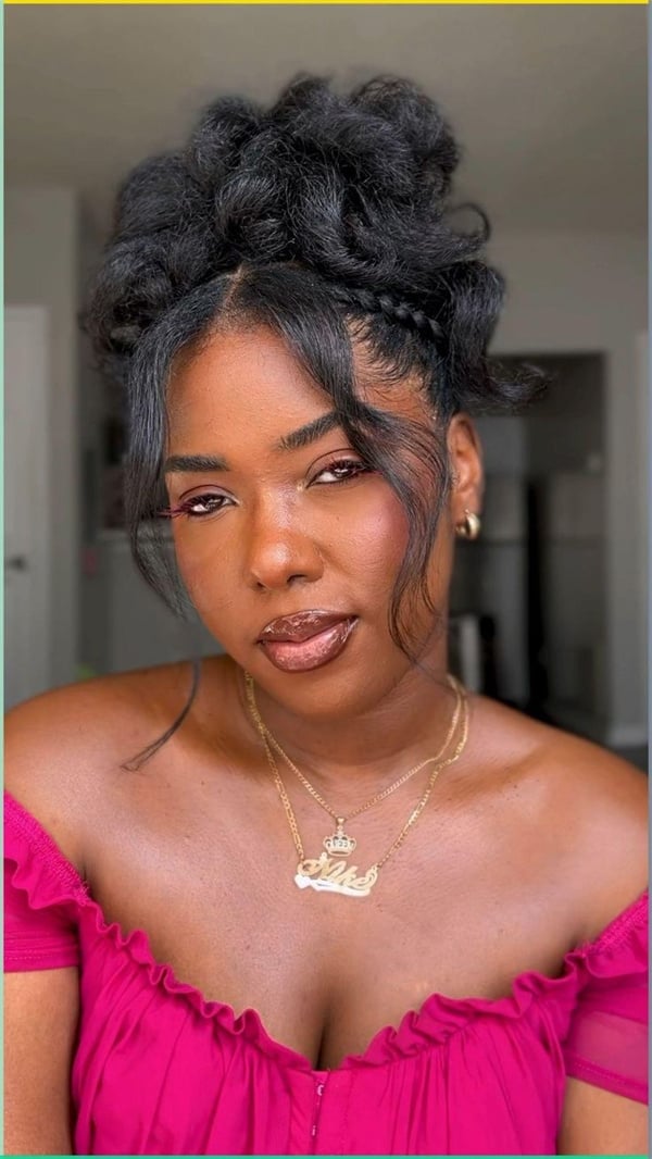 Shoulder Length High Puff With Curtain Bangs — 4c Hair