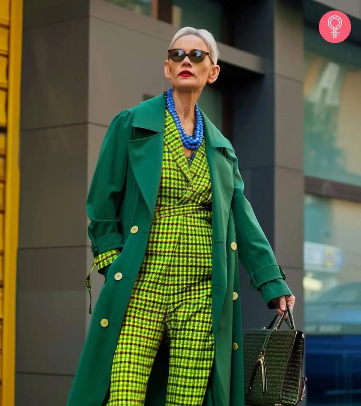 Vibrant Houndstooth Jumpsuit and Trench Coat Ensemble — 50s Style