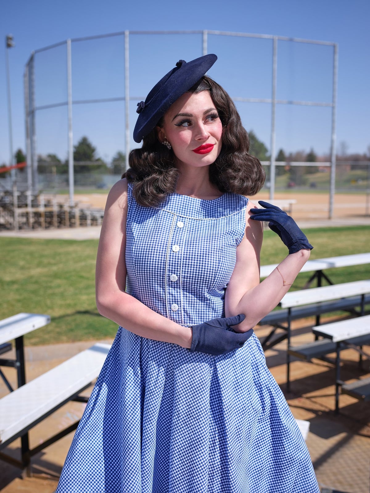 Blue Gingham Midi Dress with Matching Accessories — 50s Style