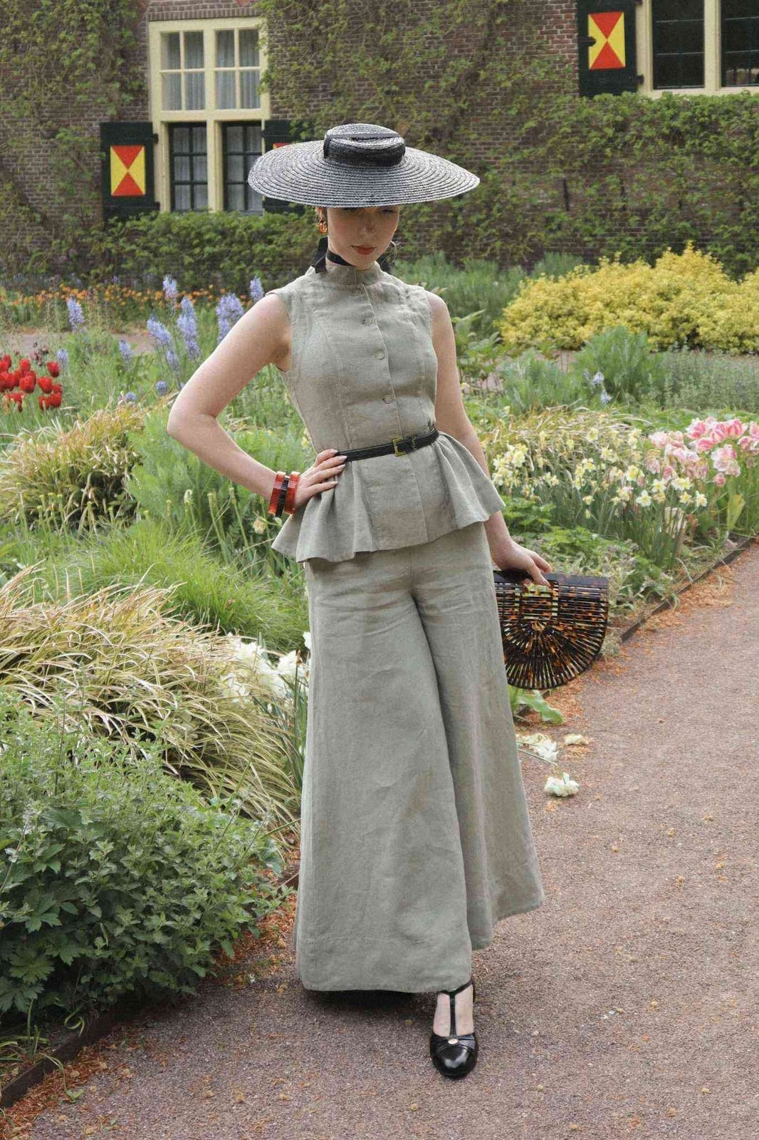 Sage Green Peplum Top and Wide-Leg Trousers Set — 50s Style